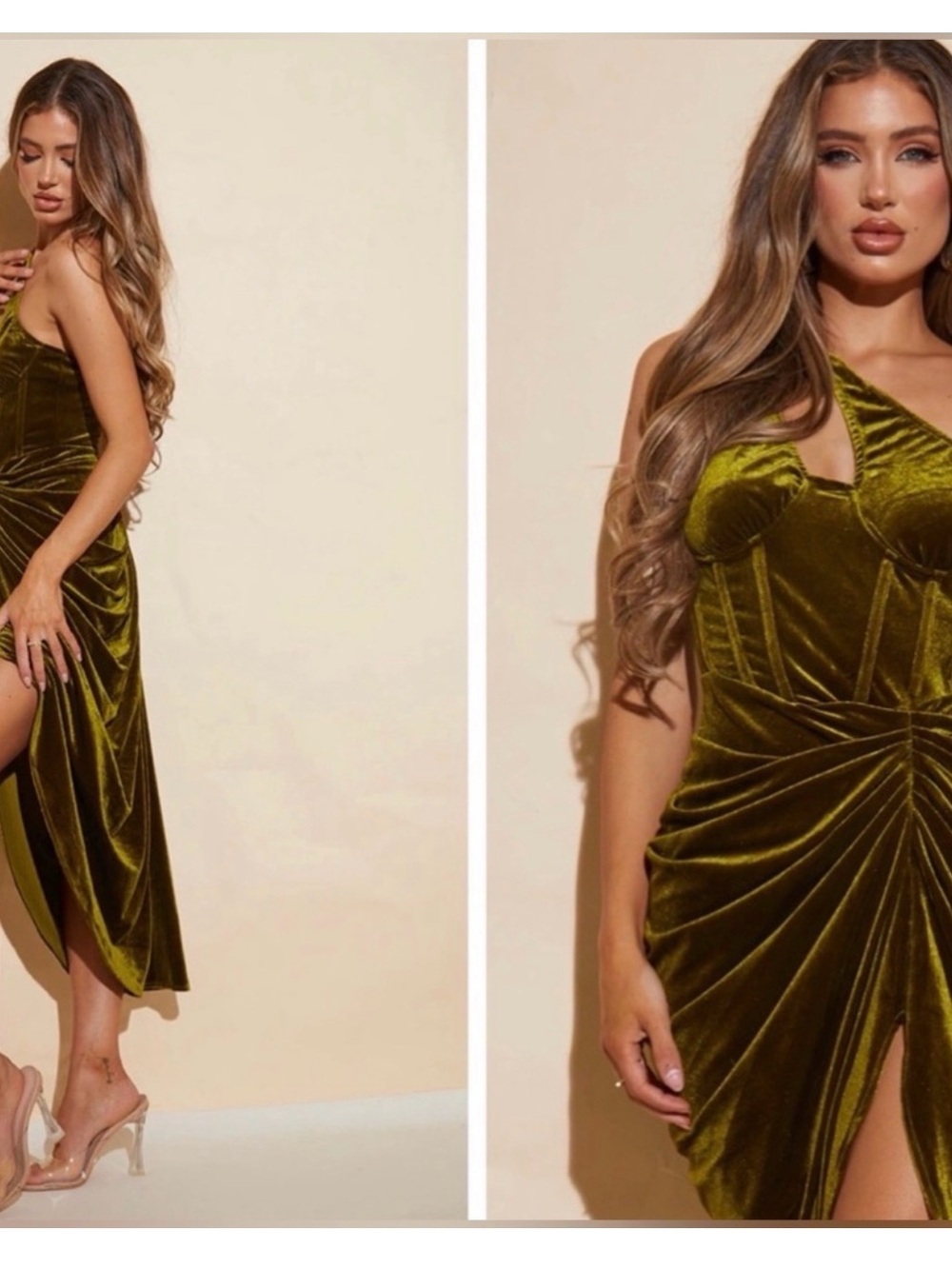 PrettyLittleThing Olive Green One-Shoulder Velvet Ruched Midi Dress